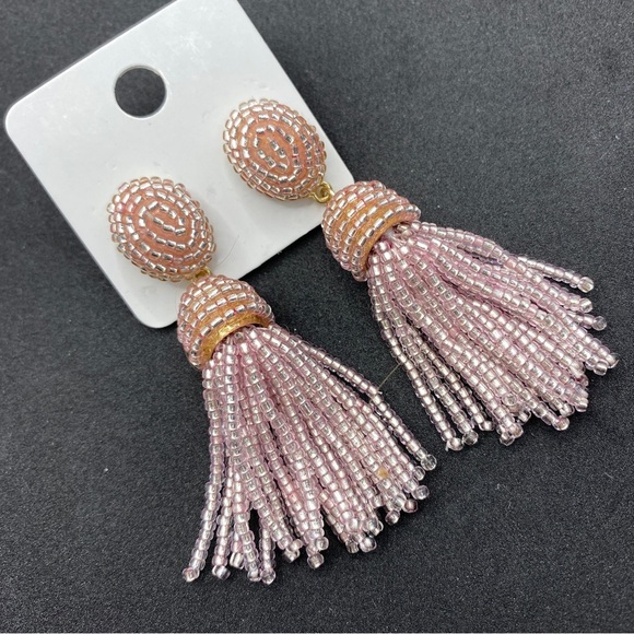 Pink Seed Bead Tassel Drop Post Dangle Pierced Earrings - Picture 3 of 7